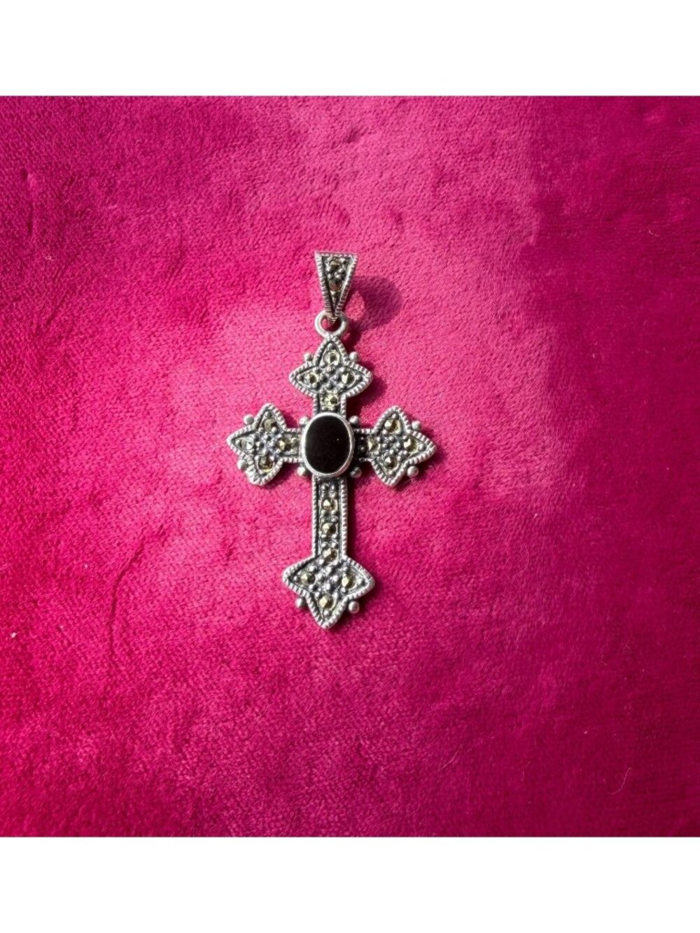 Vintage 925 Sterling Silver Black Onyx Marcasite Cross Pendant Necklace Gothic
